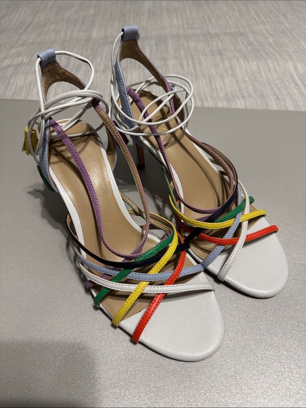 Ann Taylor Oren Pride Rainbow Strappy Leather Heeled Sandals Tassel Women’s Sz 6
